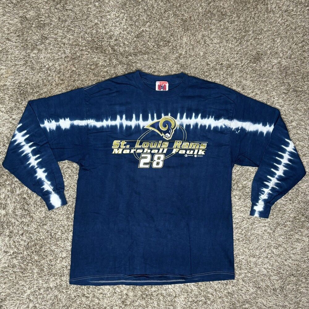 VTG St Louis Rams Shirt Mens XL Blue Long Sleeve Tie Dye Marshall Faulk 28 NFL